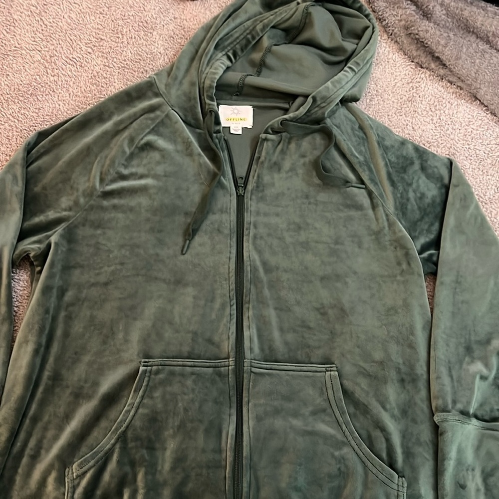 Offline by Aerie After Party Velour Oversized Full Zip Hoodie, Small, Green
